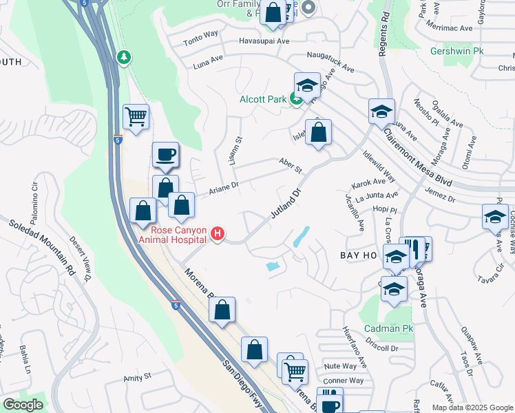map of restaurants, bars, coffee shops, grocery stores, and more near 4531 Ariane Way in San Diego