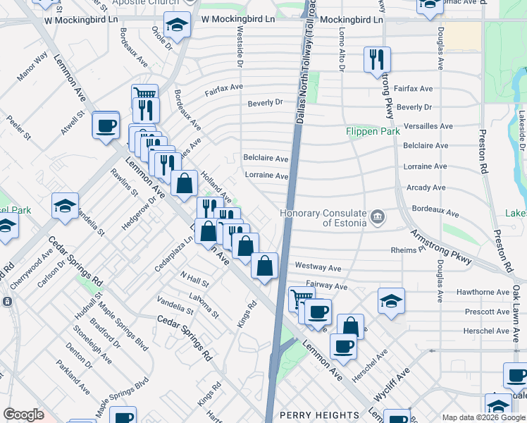 map of restaurants, bars, coffee shops, grocery stores, and more near 4623 Arcady Avenue in Dallas