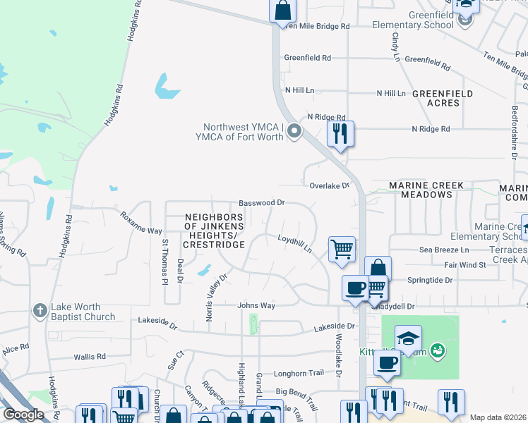 map of restaurants, bars, coffee shops, grocery stores, and more near 4917 Jamesway Road in Fort Worth