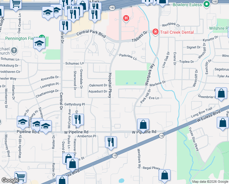 map of restaurants, bars, coffee shops, grocery stores, and more near 2600 Oakmont Court in Bedford