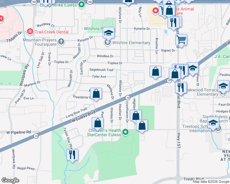 map of restaurants, bars, coffee shops, grocery stores, and more near 801 Commerce Street in Euless