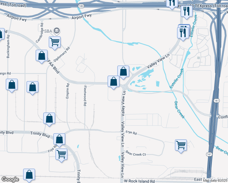 map of restaurants, bars, coffee shops, grocery stores, and more near 1111 Valley View Lane in Irving