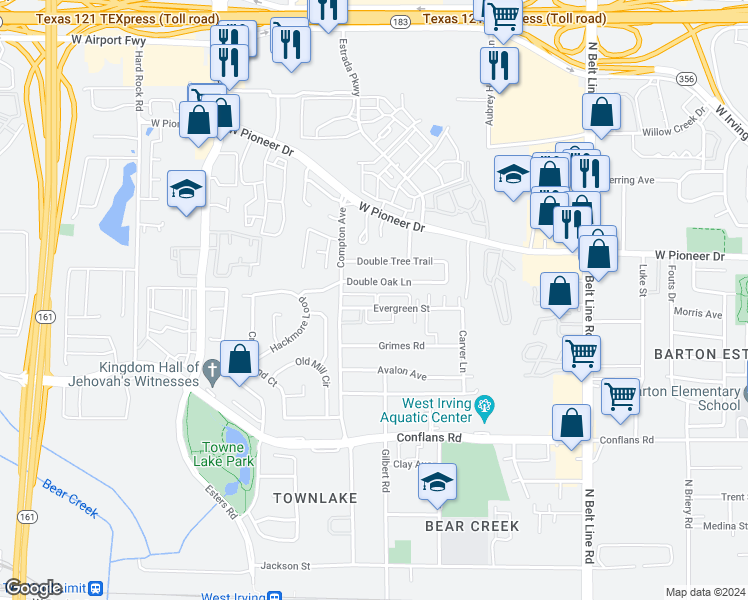 map of restaurants, bars, coffee shops, grocery stores, and more near 4001 Evergreen Road in Irving