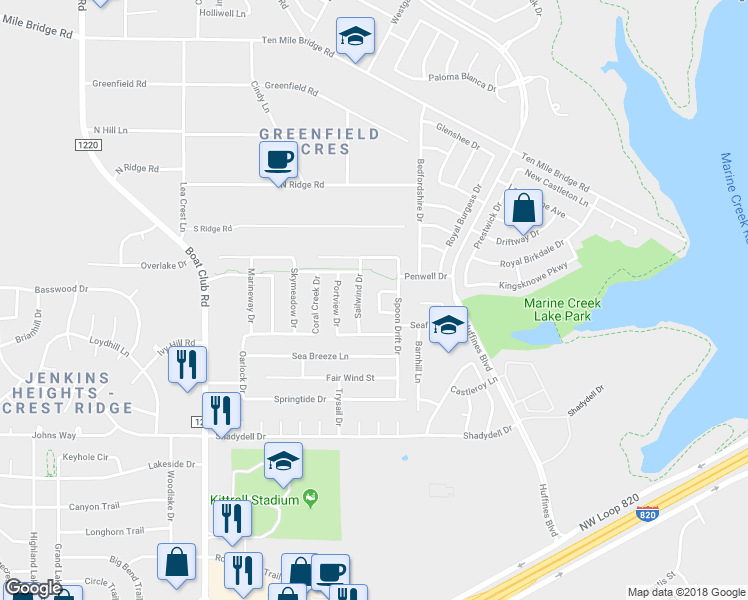 map of restaurants, bars, coffee shops, grocery stores, and more near 4937 Galley Circle in Fort Worth