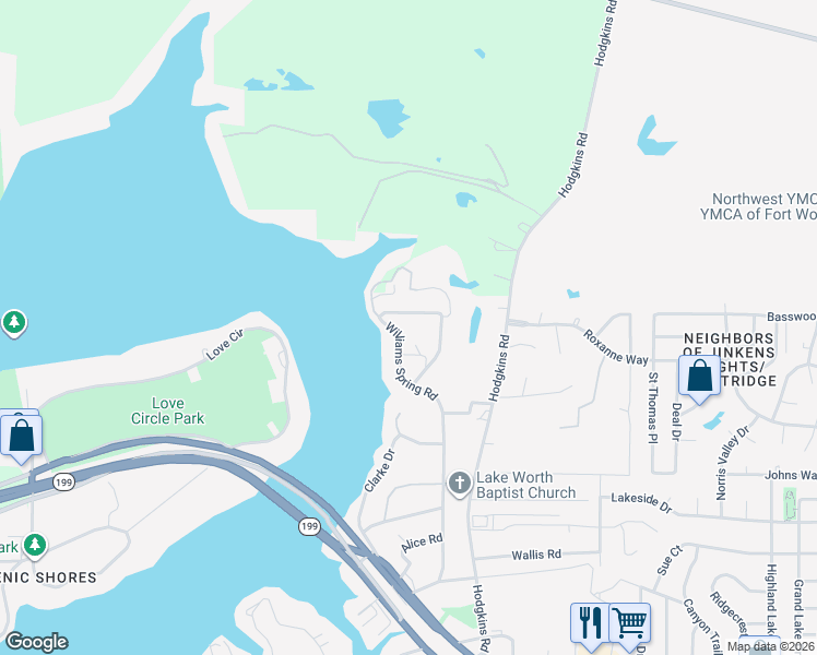 map of restaurants, bars, coffee shops, grocery stores, and more near 4876 East Williams Spring Road in Fort Worth