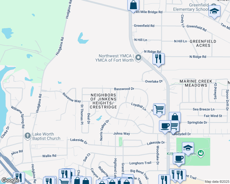 map of restaurants, bars, coffee shops, grocery stores, and more near 4921 Brianhill Drive in Fort Worth