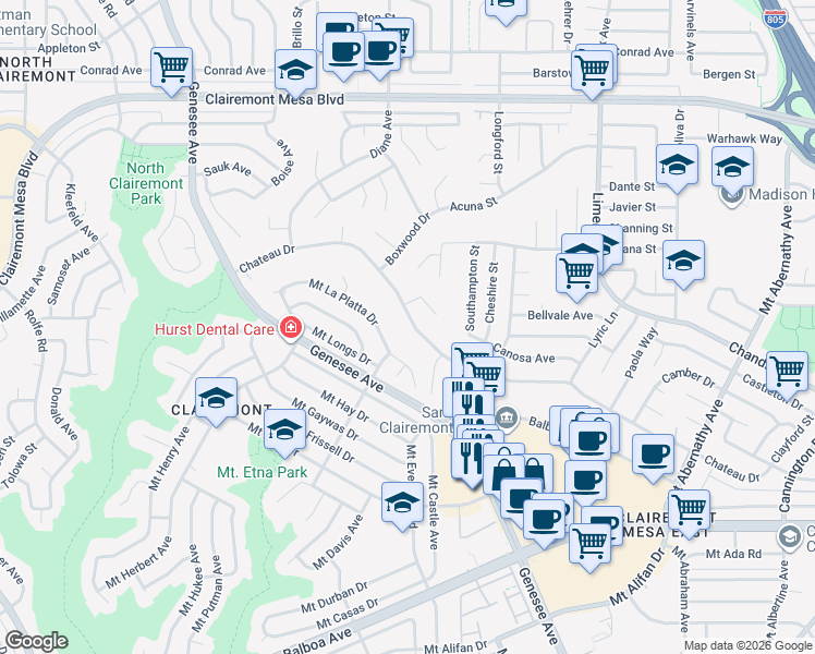 map of restaurants, bars, coffee shops, grocery stores, and more near 4927 Chateau Drive in San Diego