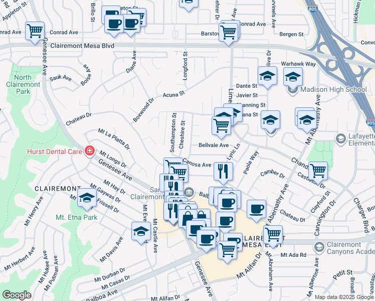 map of restaurants, bars, coffee shops, grocery stores, and more near 4566 Derrick Drive in San Diego