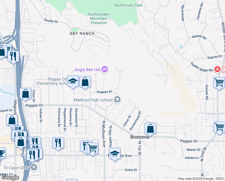 map of restaurants, bars, coffee shops, grocery stores, and more near 11438 Pegeen Place in El Cajon