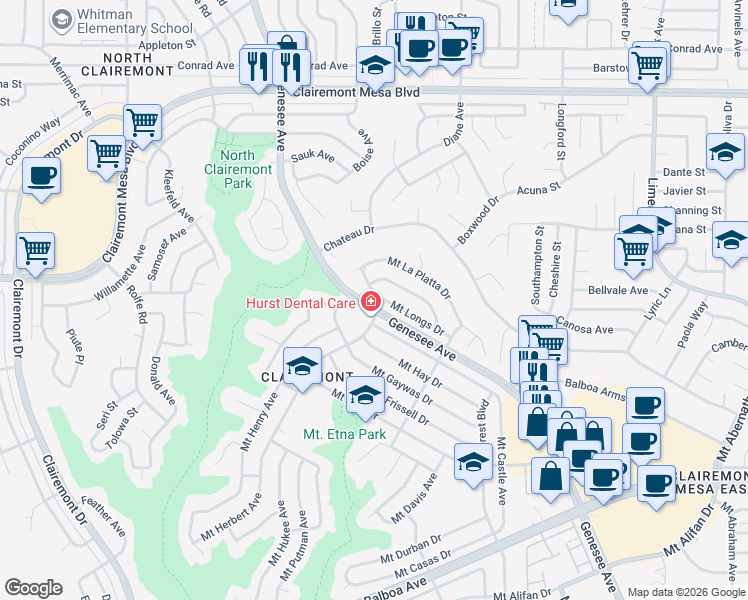map of restaurants, bars, coffee shops, grocery stores, and more near 4723 Mount La Palma Drive in San Diego