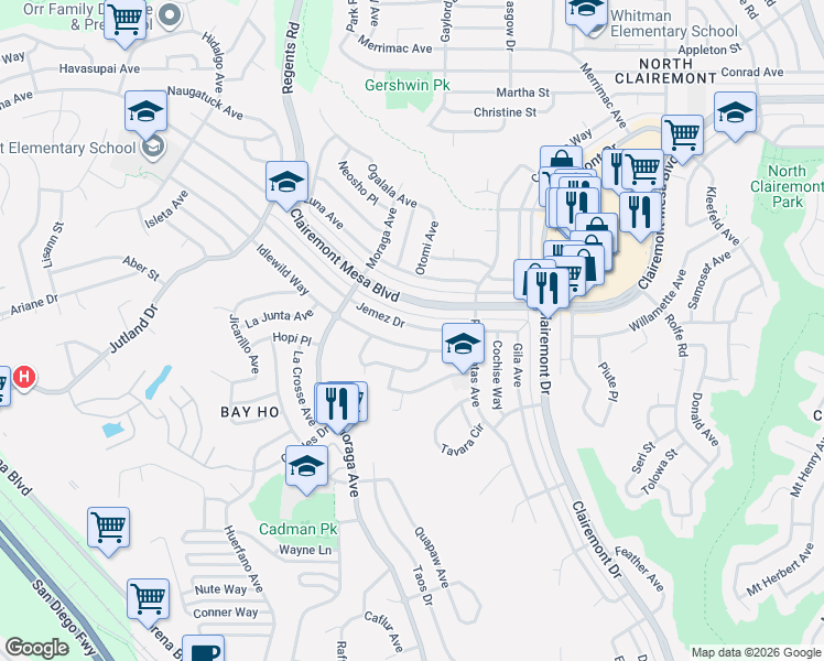 map of restaurants, bars, coffee shops, grocery stores, and more near 3451 Clairemont Mesa Boulevard in San Diego