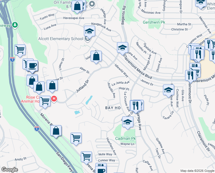 map of restaurants, bars, coffee shops, grocery stores, and more near 3257 Karok Avenue in San Diego