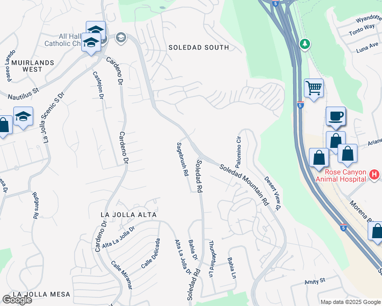 map of restaurants, bars, coffee shops, grocery stores, and more near 5949 Soledad Mountain Road in San Diego
