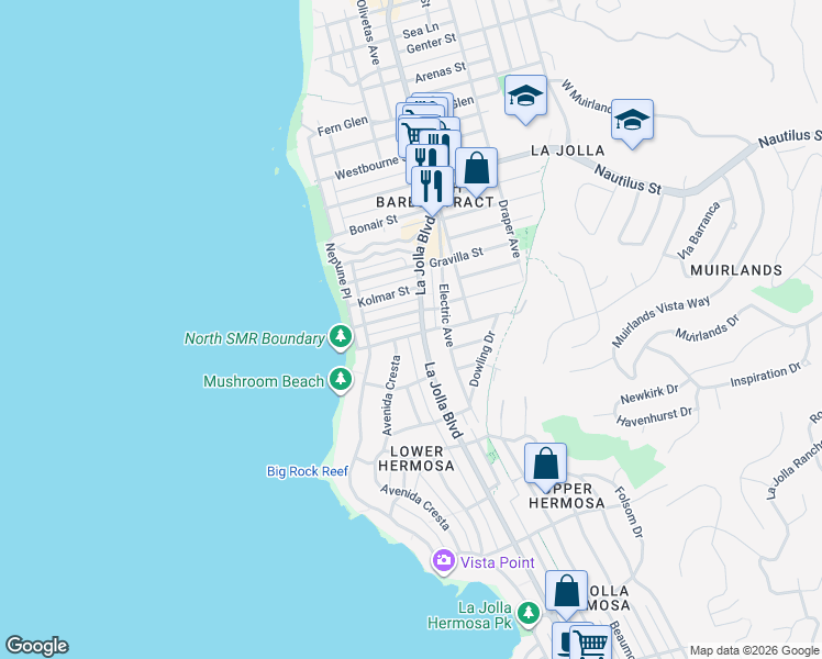 map of restaurants, bars, coffee shops, grocery stores, and more near 338 Rosemont Street in San Diego