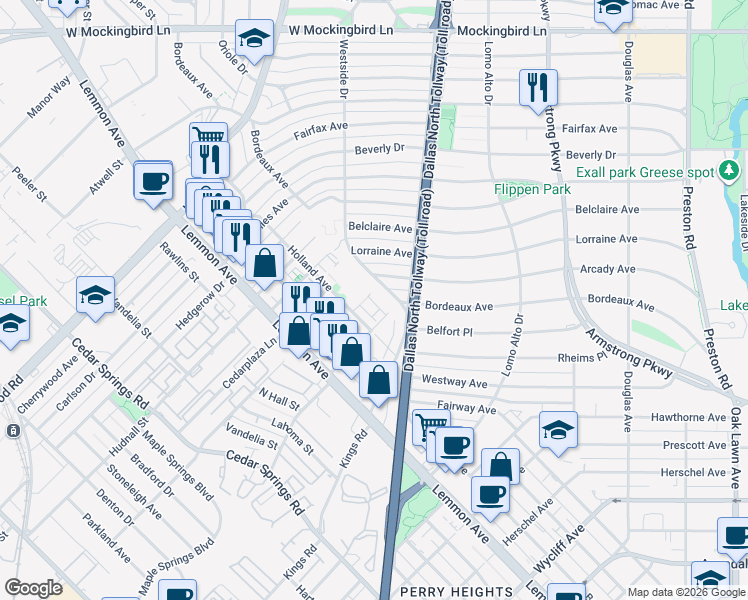 map of restaurants, bars, coffee shops, grocery stores, and more near 4623 Arcady Avenue in Dallas