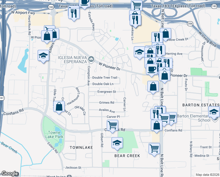 map of restaurants, bars, coffee shops, grocery stores, and more near 3867 Evergreen Street in Irving