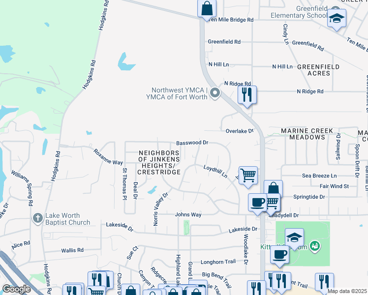 map of restaurants, bars, coffee shops, grocery stores, and more near 6416 Basswood Drive in Fort Worth