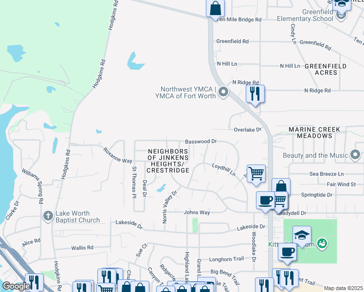 map of restaurants, bars, coffee shops, grocery stores, and more near 6512 Basswood Drive in Fort Worth