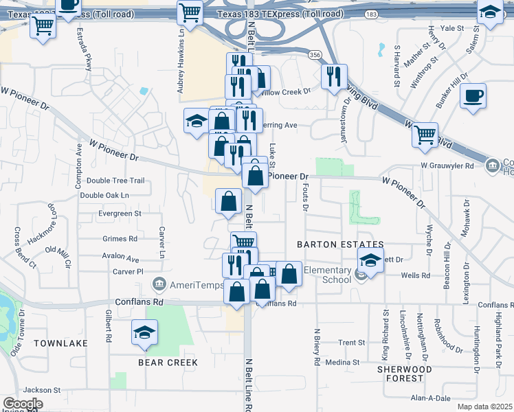 map of restaurants, bars, coffee shops, grocery stores, and more near 1234 North Belt Line Road in Irving