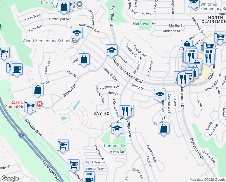 map of restaurants, bars, coffee shops, grocery stores, and more near 3360 Hopi Place in San Diego