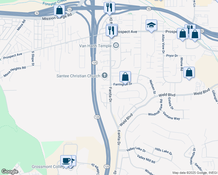 map of restaurants, bars, coffee shops, grocery stores, and more near 8306 Fanita Drive in Santee