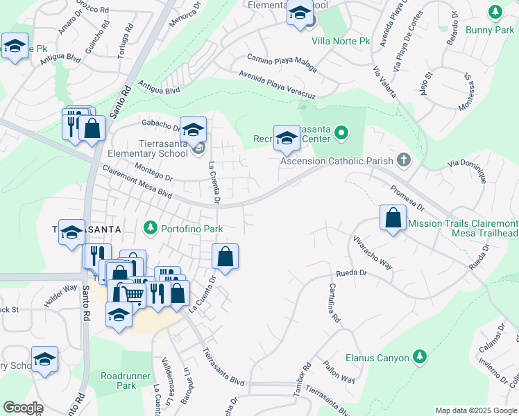 map of restaurants, bars, coffee shops, grocery stores, and more near 10951 Clairemont Mesa Boulevard in San Diego