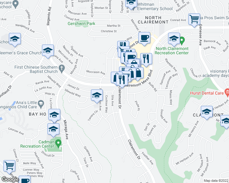 map of restaurants, bars, coffee shops, grocery stores, and more near 3745 Clairemont Mesa Boulevard in San Diego