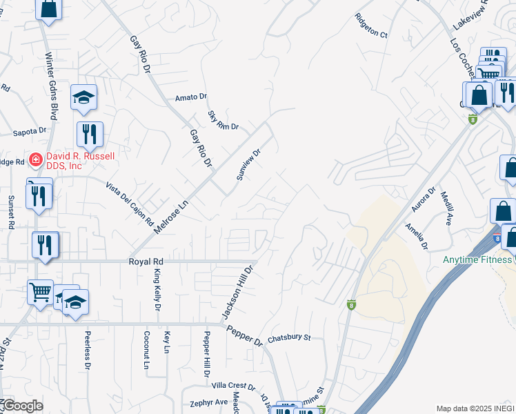 map of restaurants, bars, coffee shops, grocery stores, and more near 8365 Jackson Heights Court in El Cajon