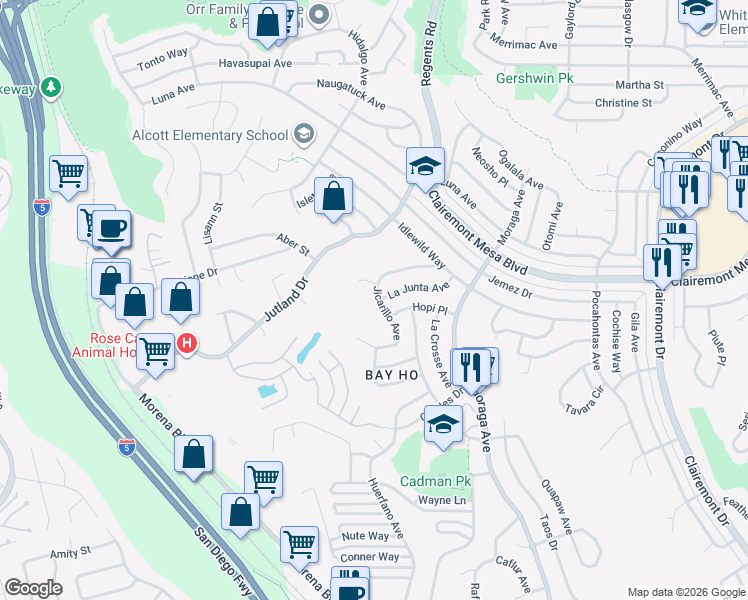 map of restaurants, bars, coffee shops, grocery stores, and more near 3257 Karok Avenue in San Diego