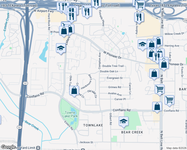 map of restaurants, bars, coffee shops, grocery stores, and more near 4105 Double Oak Lane in Irving