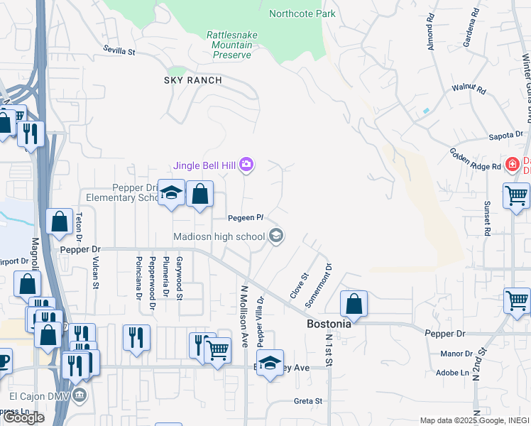 map of restaurants, bars, coffee shops, grocery stores, and more near 11438 Pegeen Place in El Cajon