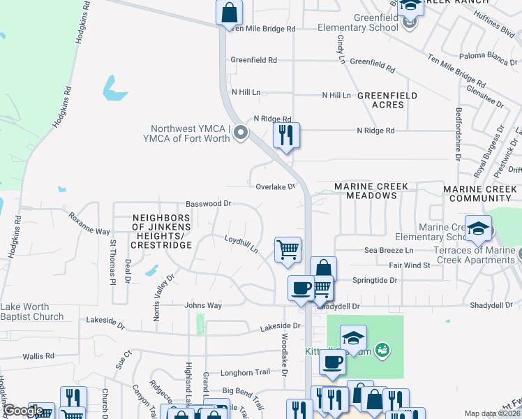 map of restaurants, bars, coffee shops, grocery stores, and more near 5000 Basswood Court in Fort Worth