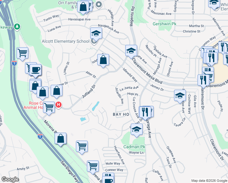 map of restaurants, bars, coffee shops, grocery stores, and more near 4584 Jicarillo Avenue in San Diego