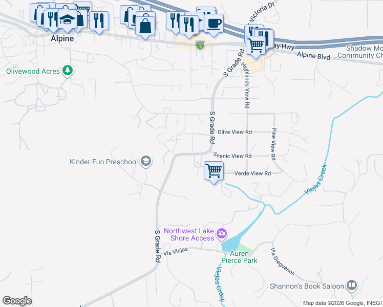 map of restaurants, bars, coffee shops, grocery stores, and more near 2732 South Grade Road in Alpine