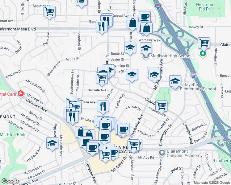 map of restaurants, bars, coffee shops, grocery stores, and more near 4566 Limerick Way in San Diego