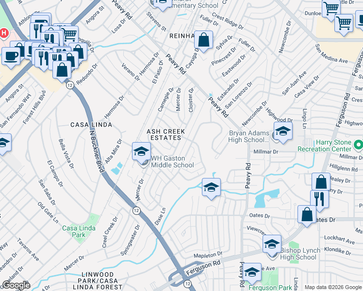 map of restaurants, bars, coffee shops, grocery stores, and more near 9719 Cloister Drive in Dallas
