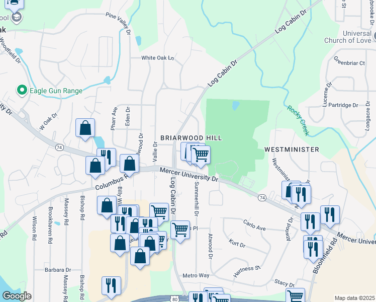 map of restaurants, bars, coffee shops, grocery stores, and more near 4253 Hillary Place in Macon
