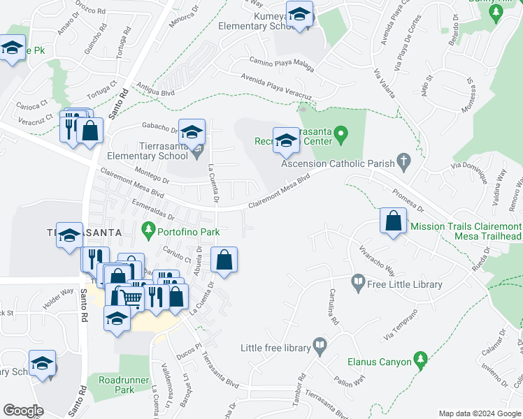 map of restaurants, bars, coffee shops, grocery stores, and more near 10951 Clairemont Mesa Boulevard in San Diego