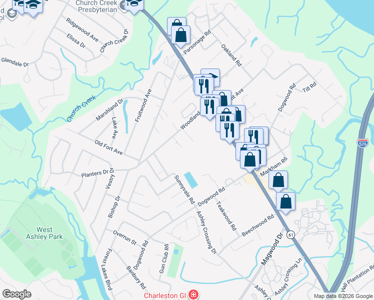map of restaurants, bars, coffee shops, grocery stores, and more near 1881 Woodland Road in Charleston