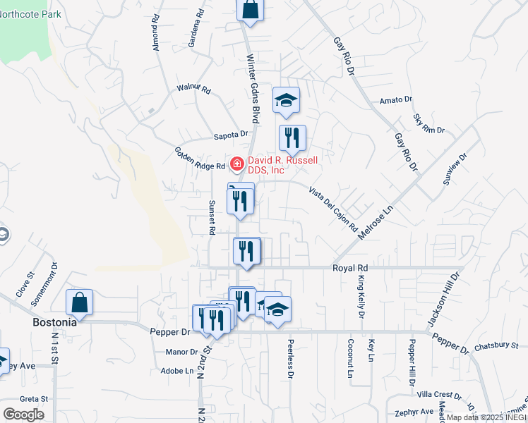 map of restaurants, bars, coffee shops, grocery stores, and more near 8264 Linden Road in Lakeside