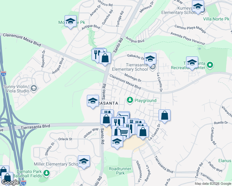map of restaurants, bars, coffee shops, grocery stores, and more near 5223 Fino Drive in San Diego