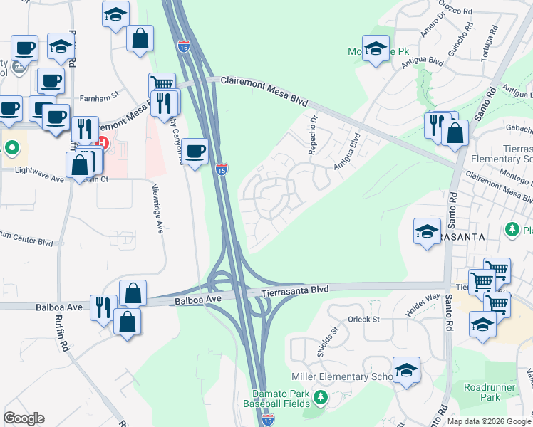 map of restaurants, bars, coffee shops, grocery stores, and more near 9767 Apple Tree Drive in San Diego