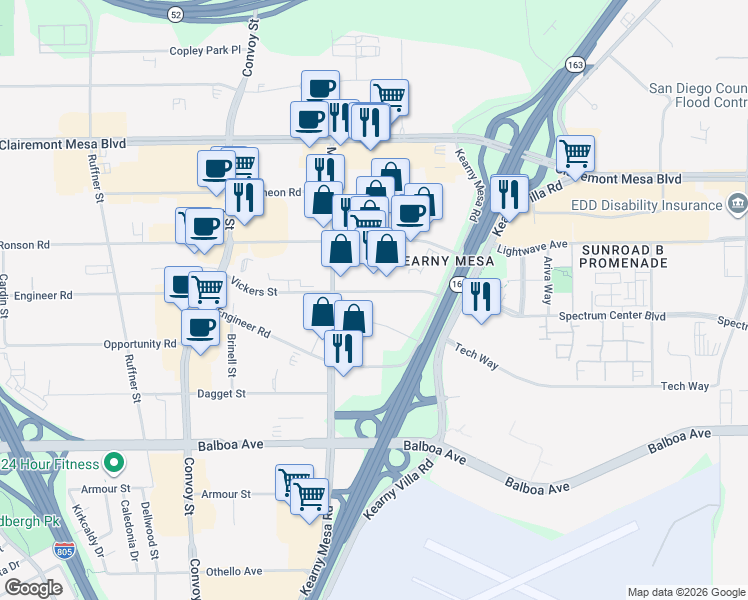 map of restaurants, bars, coffee shops, grocery stores, and more near 8330 Vickers Street in San Diego