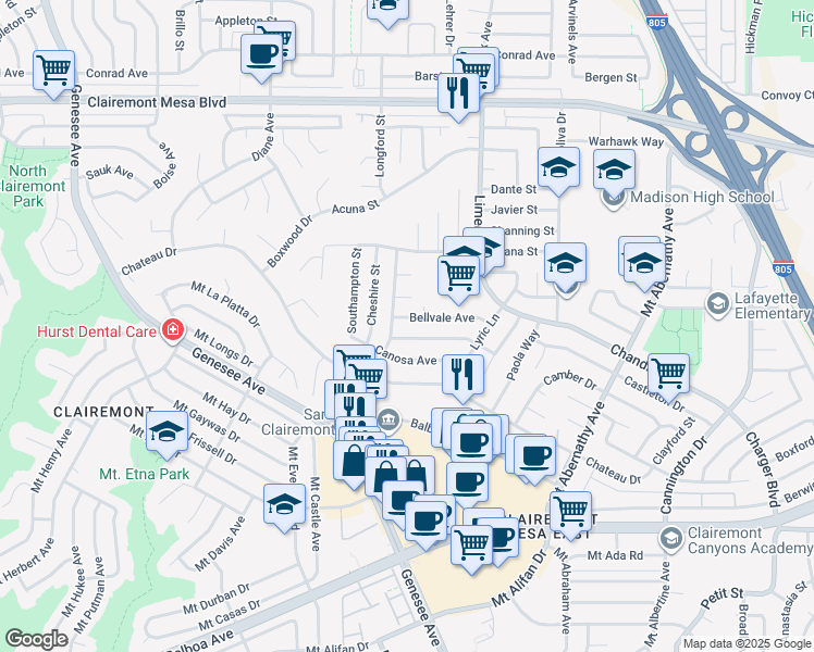 map of restaurants, bars, coffee shops, grocery stores, and more near 5114 Bellvale Avenue in San Diego