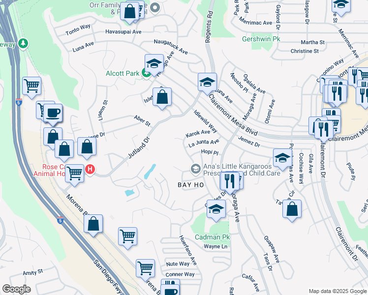 map of restaurants, bars, coffee shops, grocery stores, and more near 3320 La Junta Avenue in San Diego