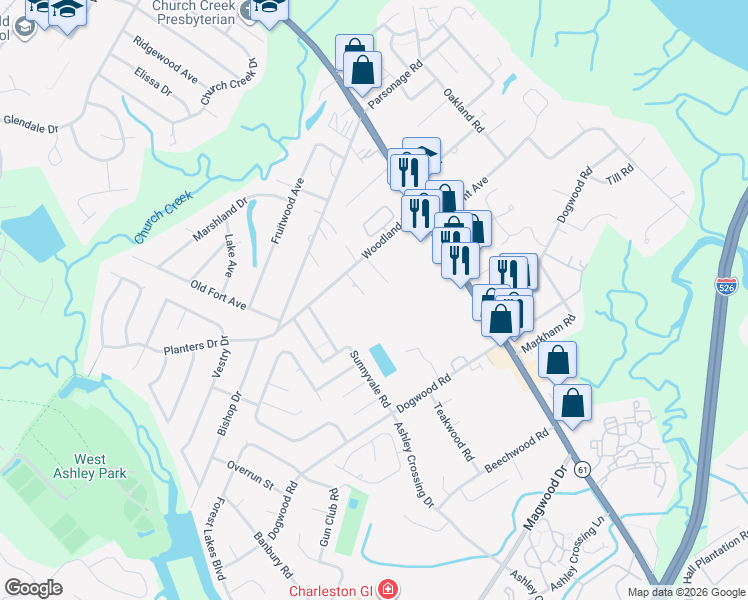 map of restaurants, bars, coffee shops, grocery stores, and more near 1881 Woodland Road in Charleston