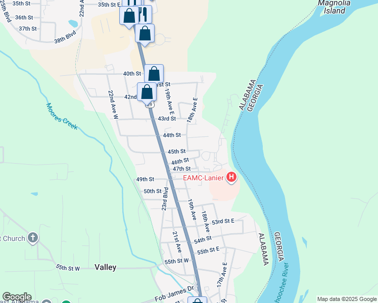 map of restaurants, bars, coffee shops, grocery stores, and more near 1802 44th Street in Valley