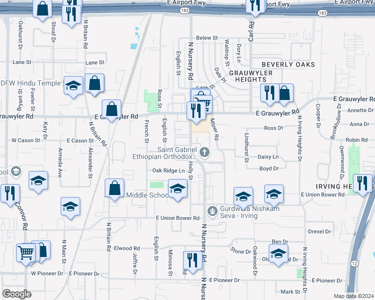 map of restaurants, bars, coffee shops, grocery stores, and more near 1325 North Nursery Road in Irving