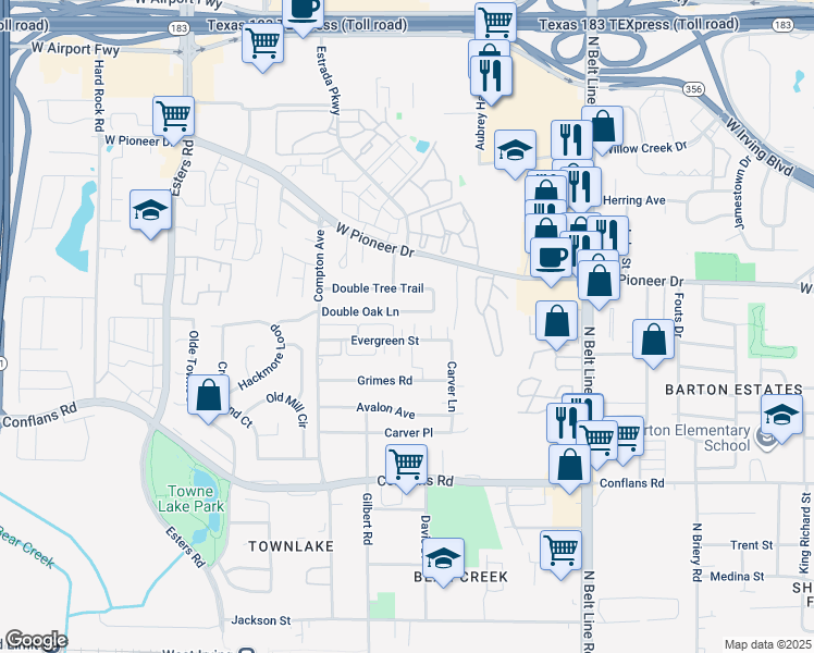 map of restaurants, bars, coffee shops, grocery stores, and more near 3843 Evergreen Street in Irving