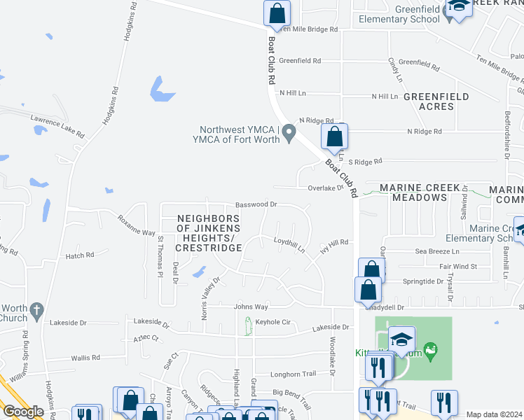 map of restaurants, bars, coffee shops, grocery stores, and more near 6416 Basswood Drive in Fort Worth